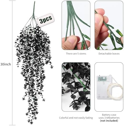 RECUTMS Black Hanging Flowers with Light Faux Hanging Plants Black Greenery