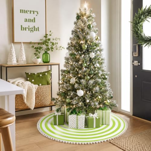 30 Inch Green and White Christmas Tree Skirt with Pom Poms
