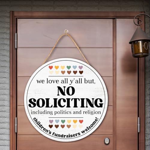 No Soliciting Round Wood Hanging Sign for Front Door,Do Not Knock or Ring Doorbell House Welcome Sign