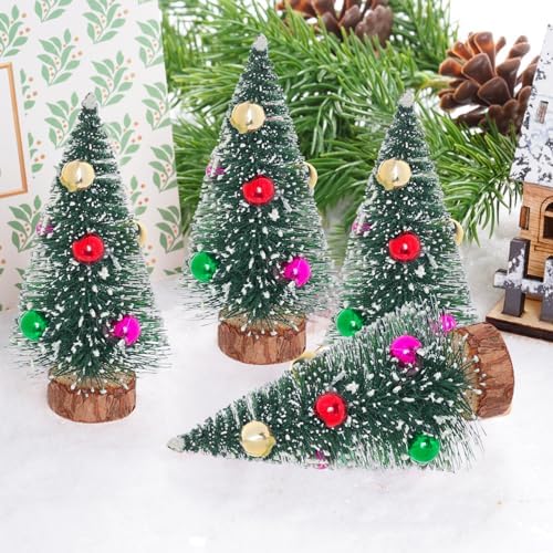 Yookat 12Pcs Mini Christmas Trees Bottle Brush Trees Small Sisal Trees Mini Pine Trees with Wood Base Small Bottle Brush Trees for Christmas Winter Decoration (Green)