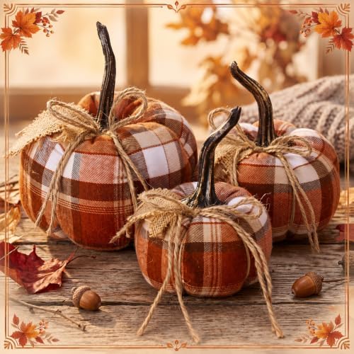 Beeveer 3 Pcs Fall Pumpkins Decor Rustic Brown Autumn Pumpkins Decorative