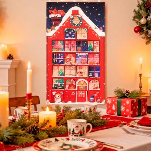 HOWAF Red House Fabric Christmas Advent Calendar with Pockets (Countdown to Christmas), 24 Days Mystery Christmas Countdown Calendar for Xmas Holiday Home Wall Decoration
