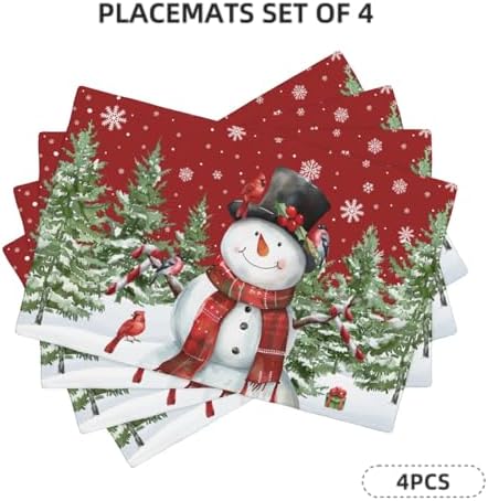 Christma Placemats Set of 6 18x12 Inch Winter Snowman and Cardinal Linen Place Mat Heat-Resistant Washable Wipeable January Holiday Table Mat for Party Kitchen Dining Table Home Decor
