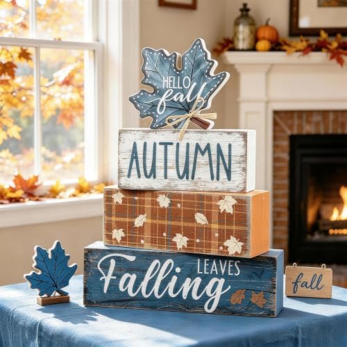 4Pcs Fall Table Decoration Fall Wood Signs Blue Maple Leaves Sign