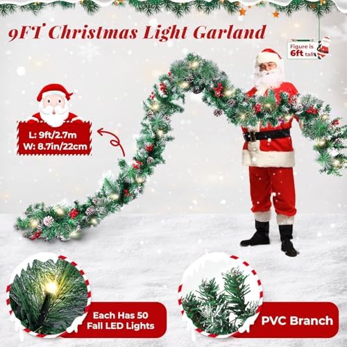 BlessedSeason 9FT Christmas Garland with Lights, Timer Artificial Lighted Garland Indoor for Stairs, Fireplace, 50 Lights Green Garland, Christmas Decoration with Cones & Red Berries & Pine Needle