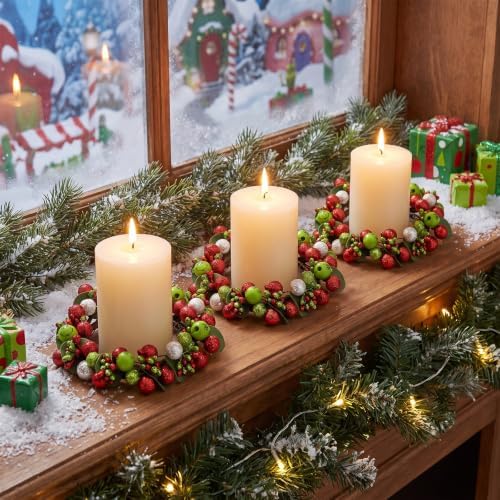 4 Pack Green Christmas Table Candle Rings, Farmhouse Berry Wreaths