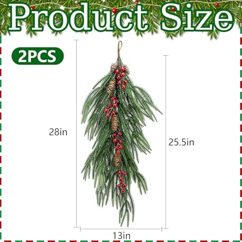 2 Pcs Artificial Christmas Teardrop Swag with Berries and Pinecones, Faux Berry Pine Branch Teardrop Door Swag, Norfolk Wreath Greenery Staircase Swags for Xmas Door Mantle Fireplace Decor