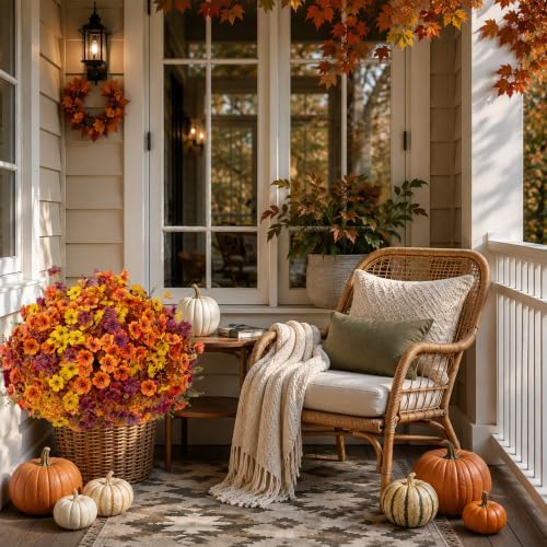 AXYLEX Artificial Fall Flowers Outdoor Fake Mums Brown Orange Yellow