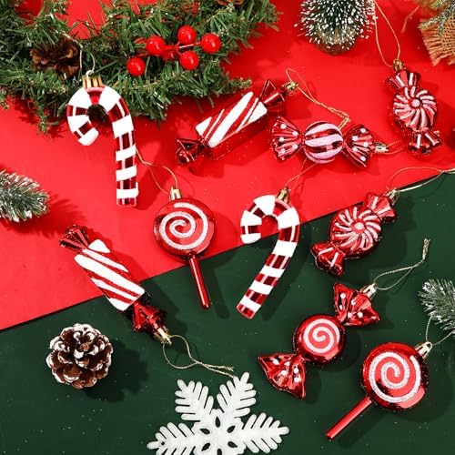JULMELON 24Pcs Christmas Candy Cane Ornaments, Red White Glitter Hanging