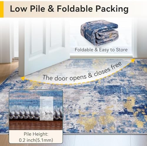 RELEANY Washable Runner 3'x7' Abstract Area Rug for Hallway Blue Gold