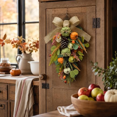 Svndlyn 25 Inch Fall Teardrop Swag with Burlap Bow, Pumpkins and Pinecones