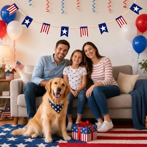 Felt Red White Blue Wood Bead Garland Banner for Mantel Fireplace