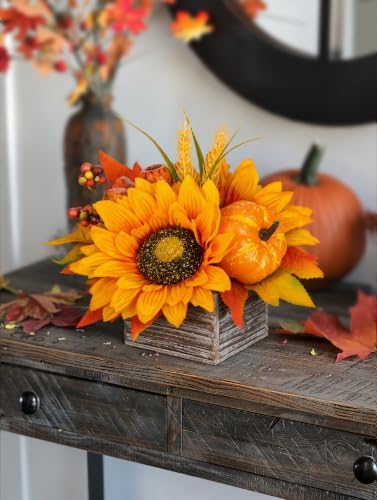 DILATATA Fall Decor Autumn Harvest Pumpkins Centerpiece - Artificial Sunflowers and Maple Leaves Arrangement in Wooden Box for Thanksgiving Party Mantel Fall Decor