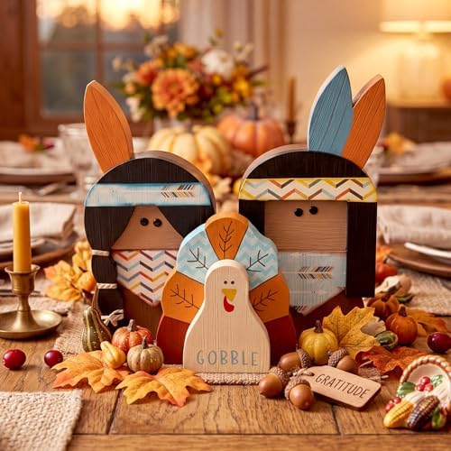 Colingmill 3 Pcs Thanksgiving Decorations Wooden Turkey Pilgrim Table Sign