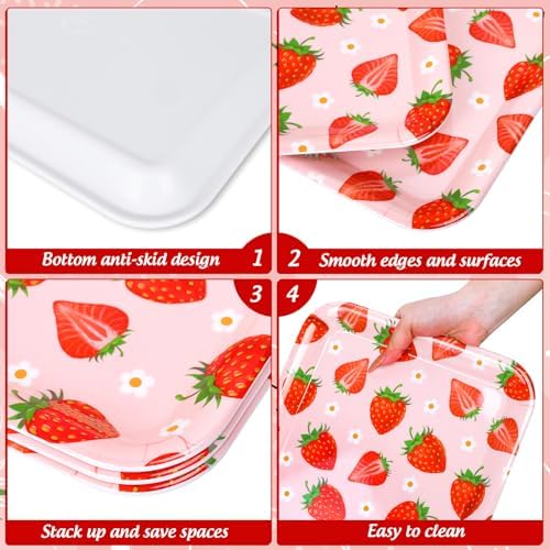 JarThenaAMCS 3Pcs Strawberry Serving Trays Red Pink Berry Flower Platter Cute Fruit Serving Dishes for Birthday Baby Shower Party Sharing Snacks Fruit Dessert Candy