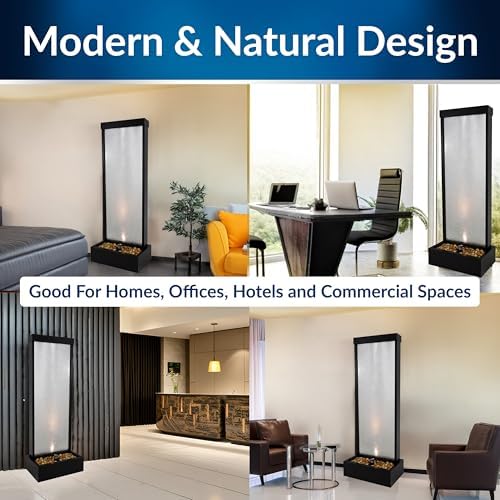 Alpine Corporation MLT170L 72" Waterfall Fountain with LED Light Cascading Textured Glass & Aluminum Floor Design