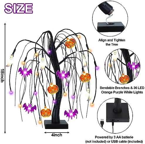 Halloween Table Decorations 18 Inch 36 LED Halloween Willow Tree with Pumpkin Bat Ghost Lights, Timer/USB/Battery Operated Black Halloween Tree Spooky Halloween Decorations Indoor Home Party Room Gift