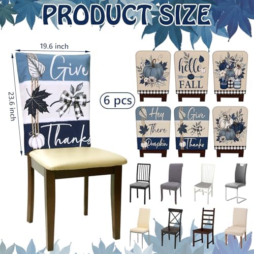 6 Pcs Fall Chair Covers, Vintage Blue Pumpkin Slipcovers
