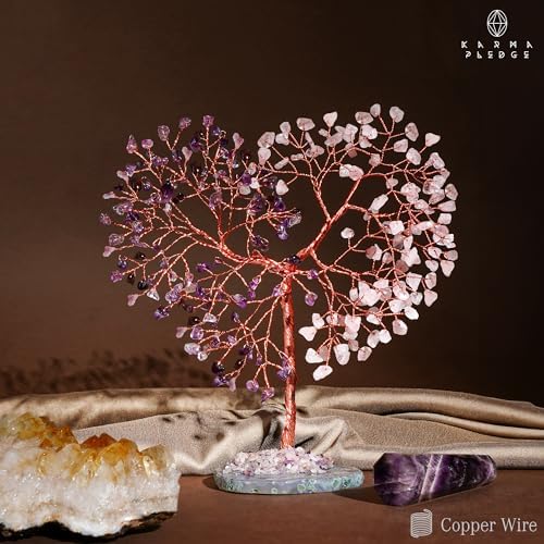 Handmade Healing Crystal Tree of Life Amethyst & Rose Quartz Chakra Tree for Money, Good Luck, Feng Shui Home Decor