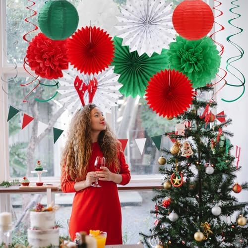 Red-Green White Christmas Party-Decorations - 33pcs Banner,Mexico Italy Streamers Tassel Garland,Tissue Pom Poms Honeycomb,Paper Lantern Fans,Mexican Italian Birthday Wedding Baby Shower Decor Hugtmr