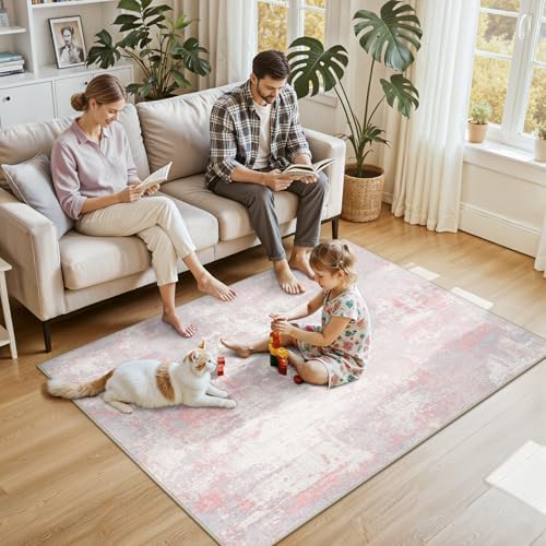 RELEANY Washable 4'x6' Abstract Area Rug for Living Room Gray Pink