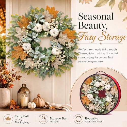 26 Inch Fall Wreaths for Front Door, Artificial Autumn Wreath