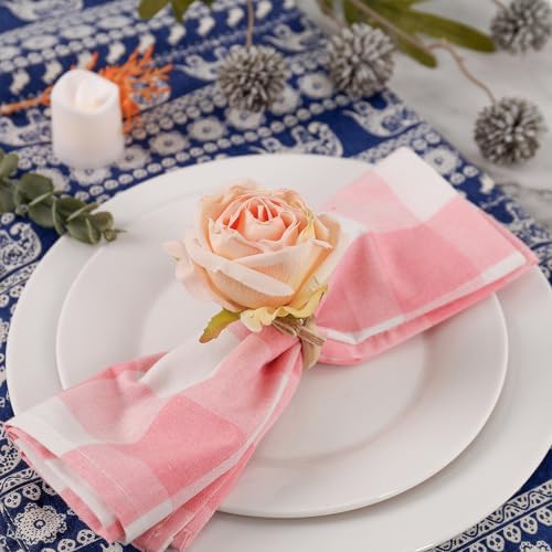 Flower Napkin Rings Set of 8, Handmade Rose Napkin Holder with Wooden Buckles for Dinners Table Decoration