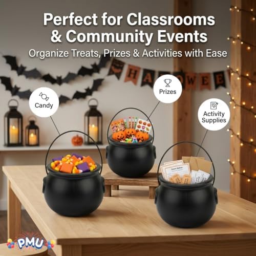 PMU 3 Pcs Halloween Small Cauldron 6 Inch Witch and Wizard Trick or Treat Blow Mold Plastic Candy Basket Black Cauldron for Home Decoration and Halloween Party Favors