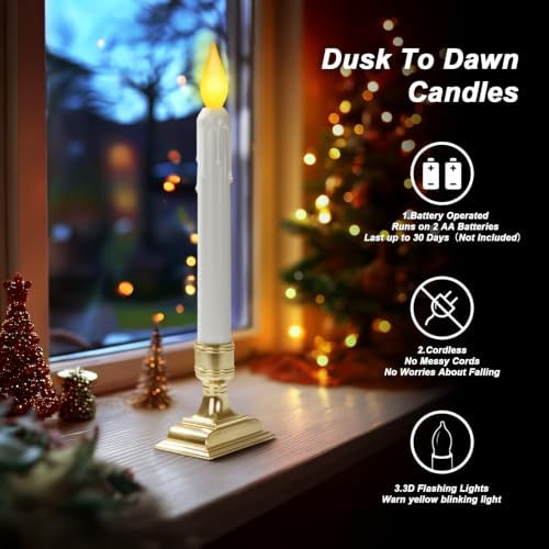 6 Pcs Sensor Dawn to Dusk Window Candles, Flameless Battery Candles for Windows, Led Candlesticks with Gold Holders, Flickering Candle Lights for Xmas Home Decor, Warm Yellow Light