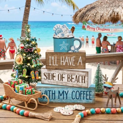 Lineshading 4 Pcs Beach Coastal Wooden Block Signs with Coffee Cup Summer
