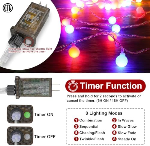 33FT 100LED Christmas Lights Plug in 8 Modes Globe Lights with Remote