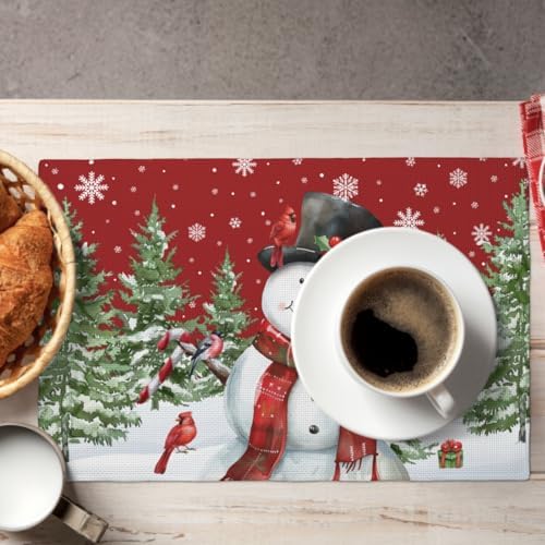 Christma Placemats Set of 6 18x12 Inch Winter Snowman and Cardinal Linen Place Mat Heat-Resistant Washable Wipeable January Holiday Table Mat for Party Kitchen Dining Table Home Decor