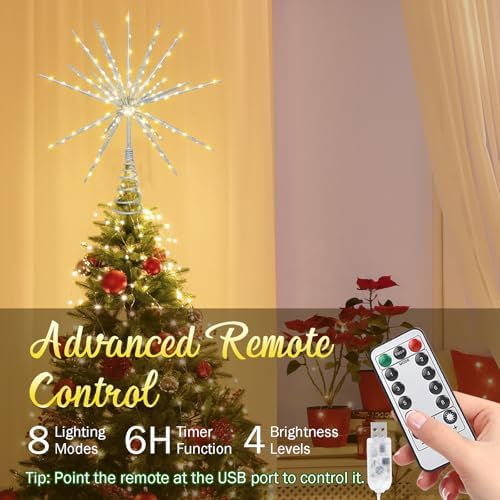 15-Inch Starburst Christmas Star Tree Topper with 150 LEDs & Remote, Silver