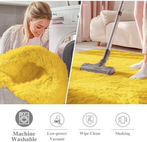 OLANLY Yellow Round Rugs for Bedroom - Machine Washable, 2 ft Circle Area Rugs for Living Room, Soft and Fluffy Shaggy