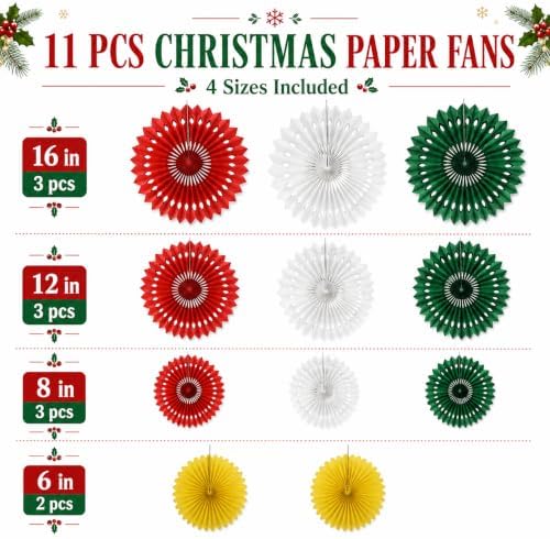Christmas Hanging Honeycomb Round Paper Fans Decoration Winter Theme Tissue Paper Fan Garland for Shower Birthday Graduation Wedding Party Supplies 11 Count