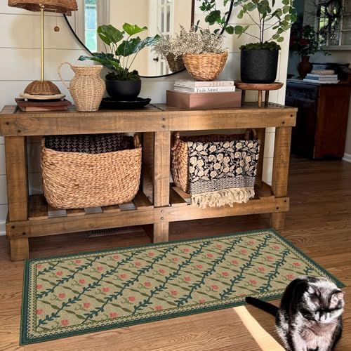 Front Door Mat Indoor Entrance - 2x4.3 Khaki Floral Trellis Rug