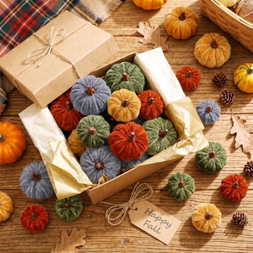 Weysat 24 Pcs Rustic Velvet Pumpkins Fall Thanksgiving Decor, Assorted Size