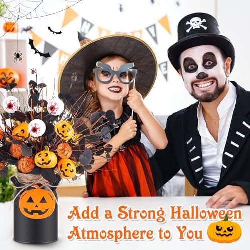 Halloween Table Deocr with 5 Pcs Artificial Pumpkin Eyeballs Eucalyptus Stems Black Iron Vase String Light and Wood Sign Halloween Centerpieces for Indoor Home Party Vase Arrangement Decorations