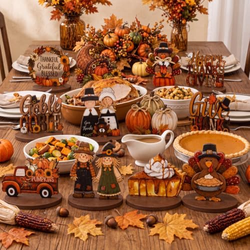12 Pcs Fall Thanksgiving Table Decor Turkey Scarecrow Wooden Centerpiece