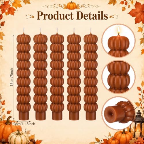 Conelist 5 Pcs Pumpkin Taper Candles Autumn Halloween Gifts, Warm Brown