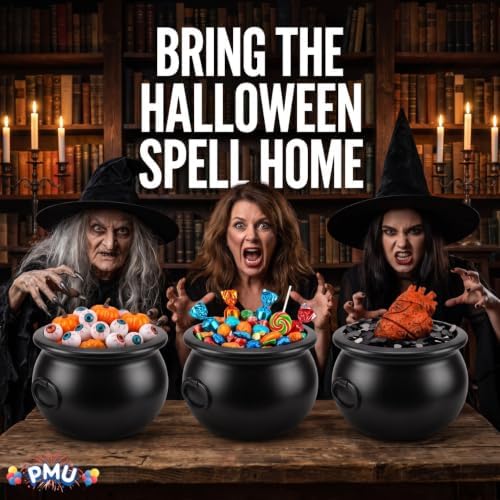 PMU Halloween Cauldron 3pc- 12" Witch Plastic Cauldron bowl Black