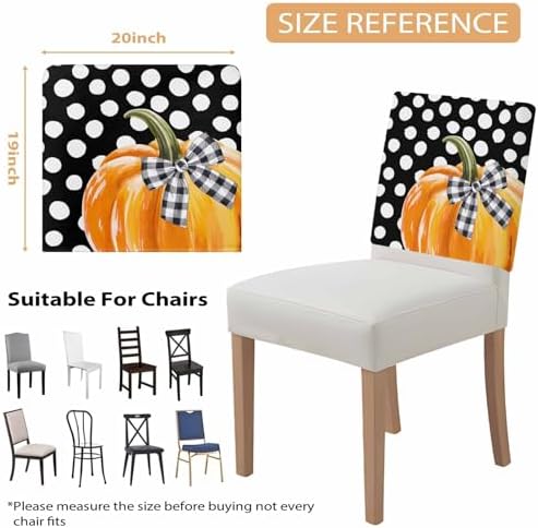 Fall Chair Covers Set of 6 Orange Pumpkin Chair Slipcover Protector Removable Stretch Chair Covers Bow Black White Polka Dots Thanksgiving Chair Back Covers for Dining Chairs Kitchen Holiday Party
