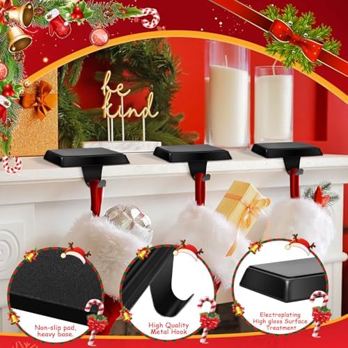 Homjoy 4 Pack Metal Christmas Stocking Holders for Mantle Heavy Duty Stocking Hangers Stocking Hook Christmas Ornaments for Counter Tables Window Fireplace Mantle Decoration (Black)