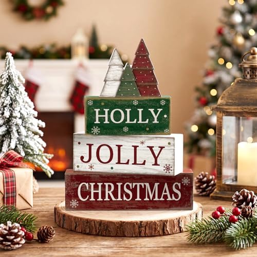 Moucuny 4 Pcs Christmas Centerpiece Wood Block Signs Holly Trees