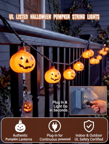 12FT Halloween Pumpkin String Lights, 20 LED Plug in Jack o lantern Lights