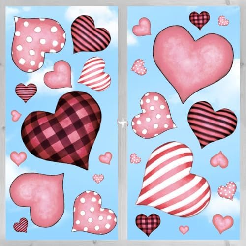 Horaldaily 120 PCS Valentine Window Cling Sticker, Pink Buffalo Plaid Stripe Dots Love Hearts Home Party Supplies Shop Window Glass Display Decoration