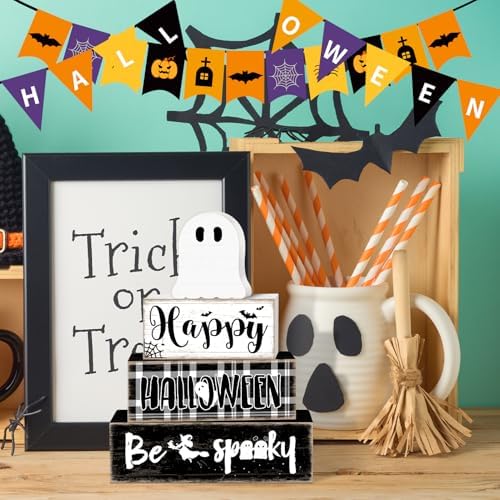 Britimes Halloween Ghost Tiered Tray Decor Set, 4 Pack, Wooden Table Sign