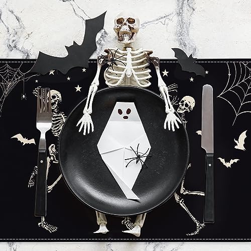AnyDesign Halloween Dancing Skeletons Placemat - Table Mat Set of 4, Black & White Patterns, Non-Slip & Heat Resistant, 12 x 18 Inch