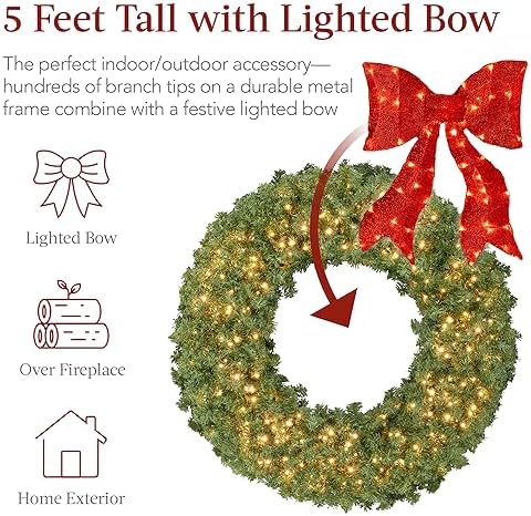 Best Choice Products 60in Large Artificial Pre-Lit Fir Christmas Wreath Holiday Accent Decoration for Door, Mantel w/Red Lighted Bow, 375 LED Lights, 930 PVC Tips, Power Plug-in