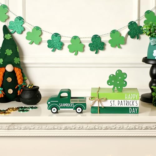 St. Patrick's Day Decor with Shamrock - Decorations for Tabletop Tiered Tray, Farmhouse Wooden Truck Signs with Book Stack, Coffee Bar Accessories, Home Bedroom Living Room Shelf and Mantle Decor
